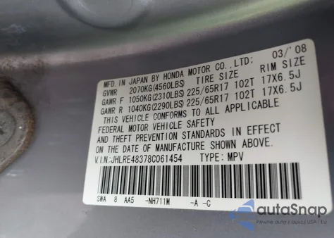 2008 Honda Cr-V Lx из США, поврежденный, VIN JHLRE48378C061454